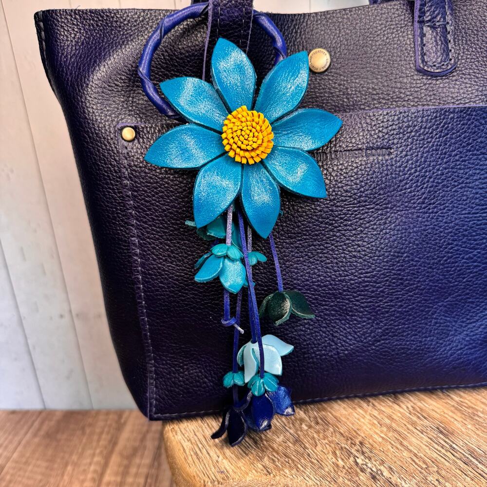 Leather Purse Charm Blue Flower Charm Genuine Leather Daisy Bag Charm NEW!